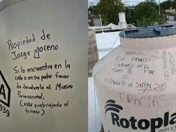 Ciudadanos de Quintana Roo y Yucatán amarraron los tinacos a sus techos y les pusieron nombre y datos de su domicilio. ESPECIAL.