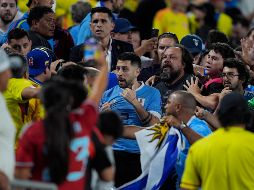 Giménez, junto a Ronald Araújo, Darwin Núñez y otros jugadores de la Celeste, saltaron a las gradas, en la zona en la que había una pelea entre aficionados de ambas selecciones. AP/ J. Nikhinson.