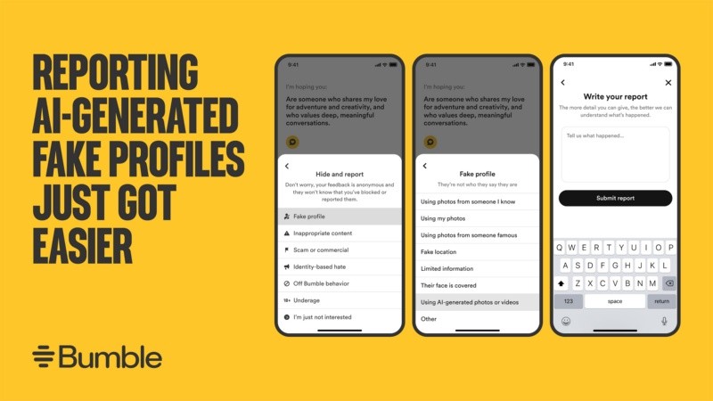  Así se puede reportar en Bumble a un perfil que utiliza imágenes alteradas por IA. CORTESÍA