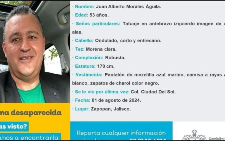 El plagio de Juan Alberto Morales Águila, de 53 años de edad, ocurrido el pasado jueves 1 de agosto en el municipio de Zapopan ya es investigado por la Fiscalía de Jalisco. CORTESÍA