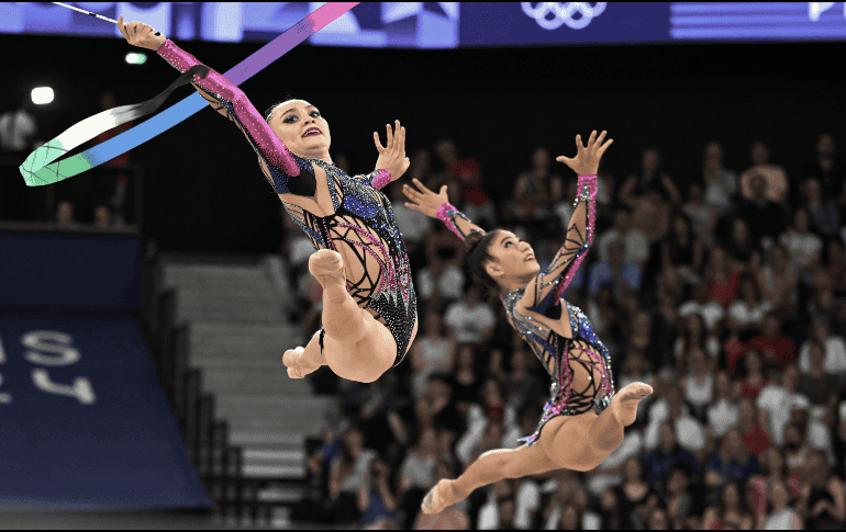 Atletas mexicanas durante la competencia de clasificación en gimnasia rítmica en los Juegos Olímpicos de París 2024, el 9 de agosto. XINHUA/C. MIN