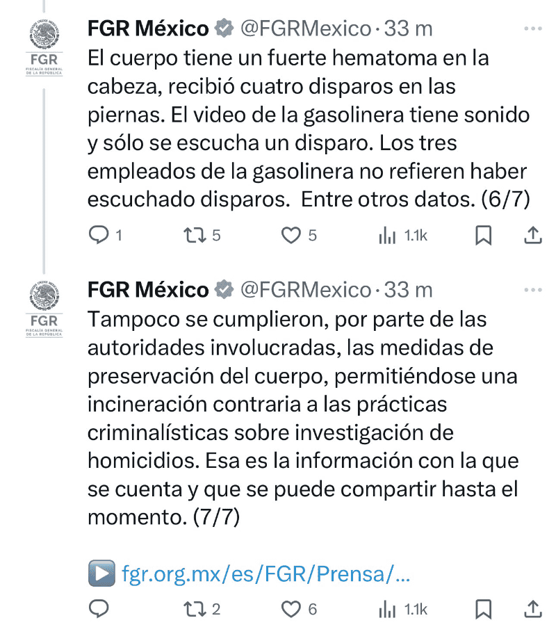  De acuerdo con lo compartido en redes sociales por la Fiscalía General de la República, Héctor Melesio presentó cuatro balazos y no sólo uno como puede escucharse en el video presentado recientemente sobre el atentado. X -TWITTER-/ FGRMexico