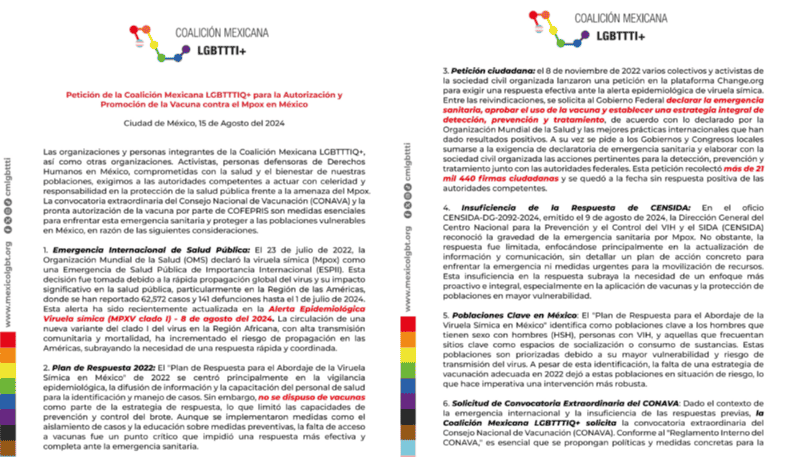 La Coalición Mexicana LGBTTTI+ solicitó al Gobierno de México declarar la emergencia sanitaria, aprobar el uso de la vacuna y establecer una estrategia integral de detección, prevención y tratamiento de acuerdo a lo declarado por la OMS. X -TWITTER-/ cmlgbttti