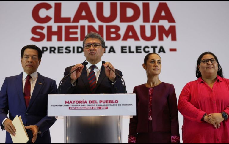 La presidenta electa Claudia Sheinbaum encabeza conferencia de prensa en compañía de Ricardo Monreal, Mario Delgado y Citlali Hernández tras la reunión plenaria de los diputados electos de Morena. SUN / Diego Simón Sánchez / EELG