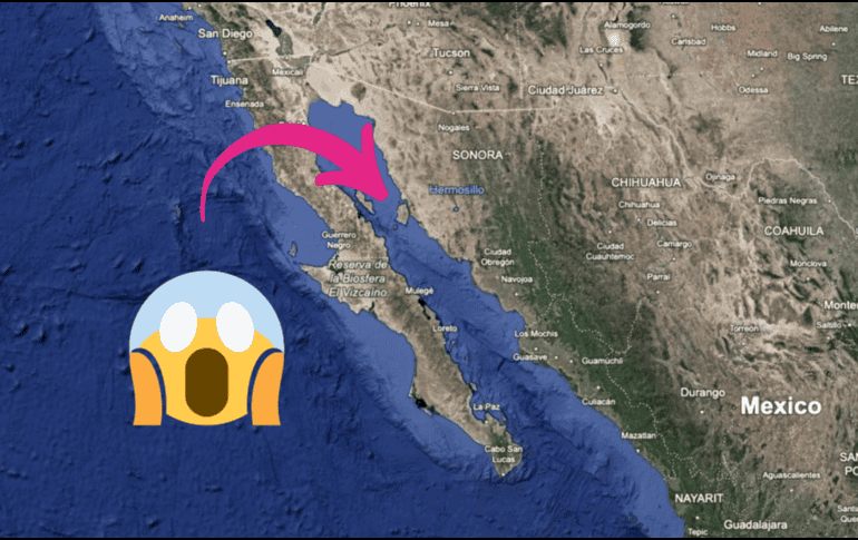 Debido al desplazamiento hacia el norte, el Mar de Cortés también experimentaría cambios, y la costa de Sonora y el norte de Sinaloa quedaría expuesta al Océano Pacífico. Google Maps / Canva