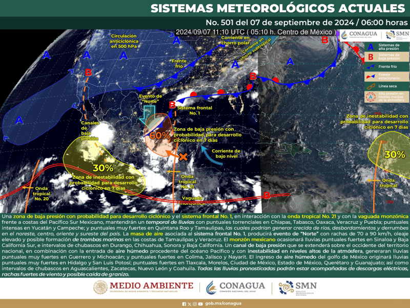 Una zona de baja presión con probabilidad para desarrollo ciclónico sobre la Sonda de Campeche y el sistema frontal No. 1 que se extenderá frente a las costas de Tamaulipas y Veracruz. SERVICIO METEOROLÓGICO NACIONAL/ smn.conagua.gob.mx 