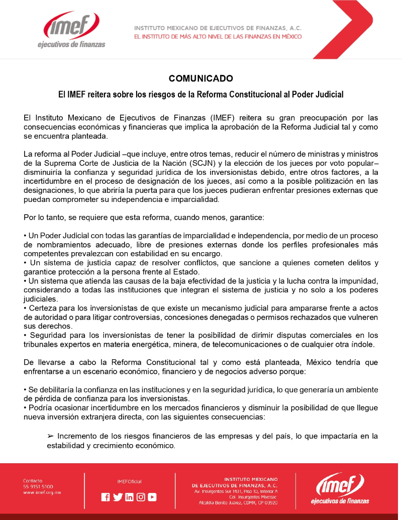 Comunicado del IMEF sobre la Reforma Judicial. X -TWITTER-/ IMEFOficial 