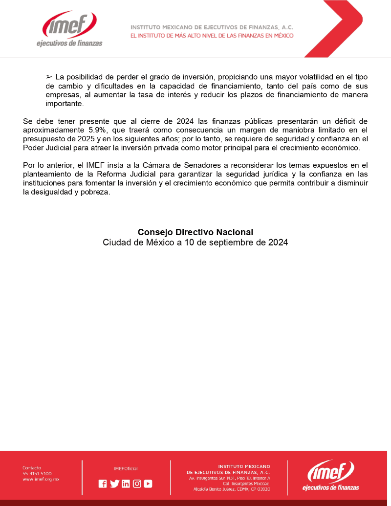  Comunicado del IMEF sobre la Reforma Judicial. X -TWITTER-/ IMEFOficial 