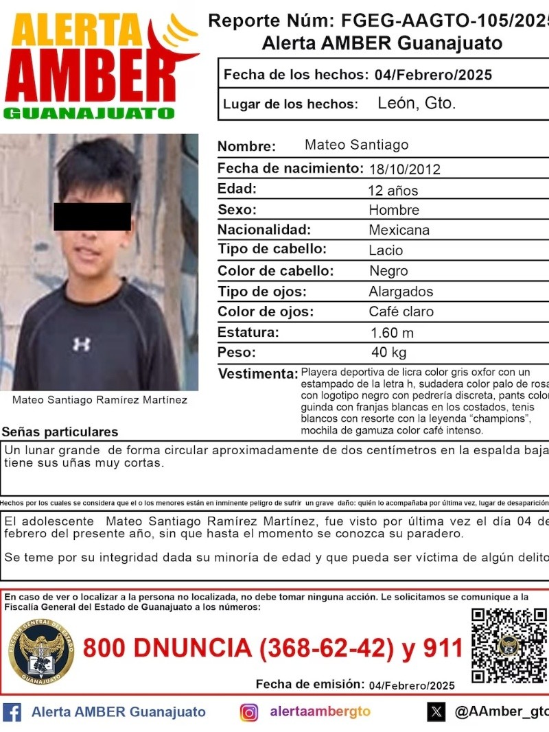 Santiago Mateo fue reportado como desaparecido desde el pasado martes 04 de febrero en León, Guanajuato. FACEBOOK/ Alerta AMBER Guanajuato