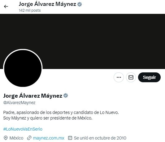 Así luce la cuenta de X de Jorge Máynez. X / @AlvarezMaynez