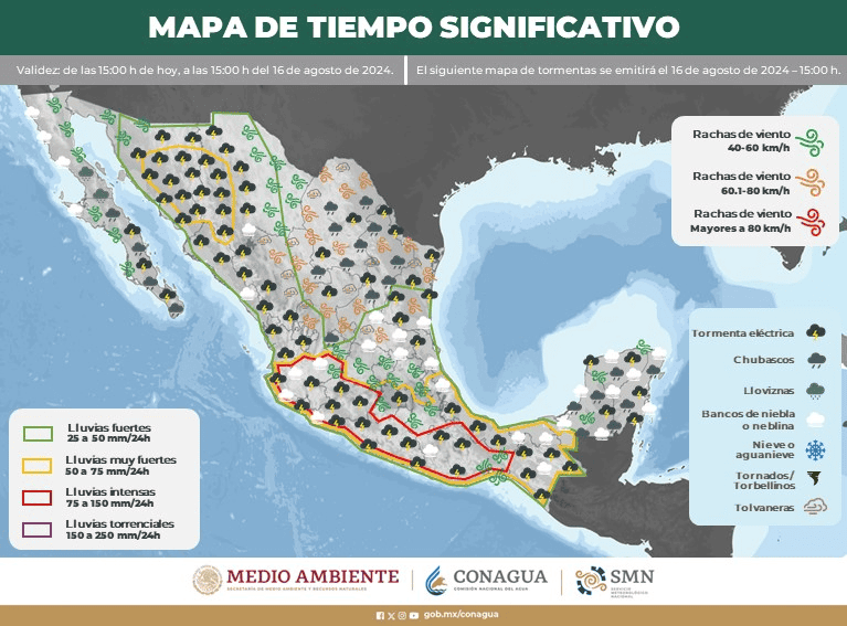 Pronóstico de lluvia del Servicio Meteorológico Nacional (SMN). X -TWITTER-/ conagua_clima 