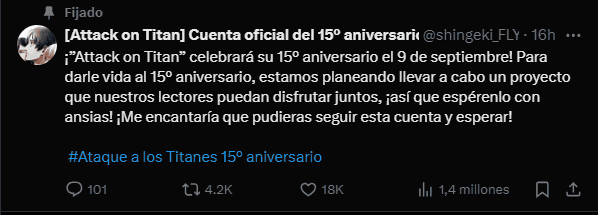  15° aniversario. X / @shingeki_FLY 