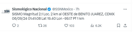 El microsismo registrado en la CDMX la madrugada de hoy fue de 2.1 grados de magnitud; así lo reportó el Servicio Sismológico Nacional (SNN). X -TWITTER-/ SSNMexico