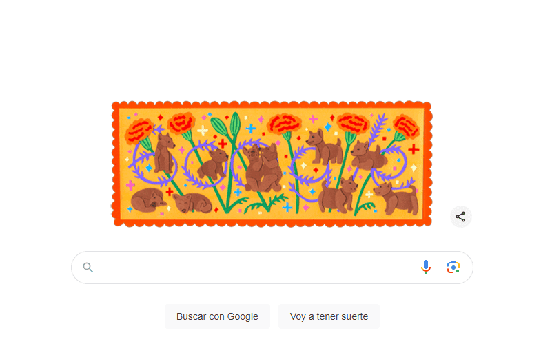 En el Doodle se muestran símbolos relacionados con el Día de Muertos, como las flores de cempasúchitl, el tlalchichi y el xoloitzcuintle. ESPECIAL/GOOGLE