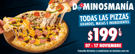 en la compra de pizzas grandes de cualquier masa o ingrediente en $199 cada una.  ESPECIAL/Domino's